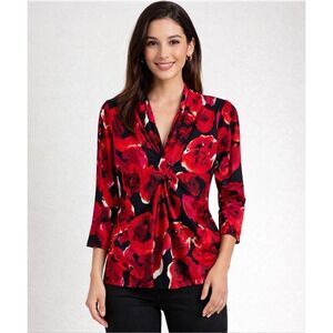 Josephine Studio Petite Small Red Black Floral Twist Front V-Neck Blouse